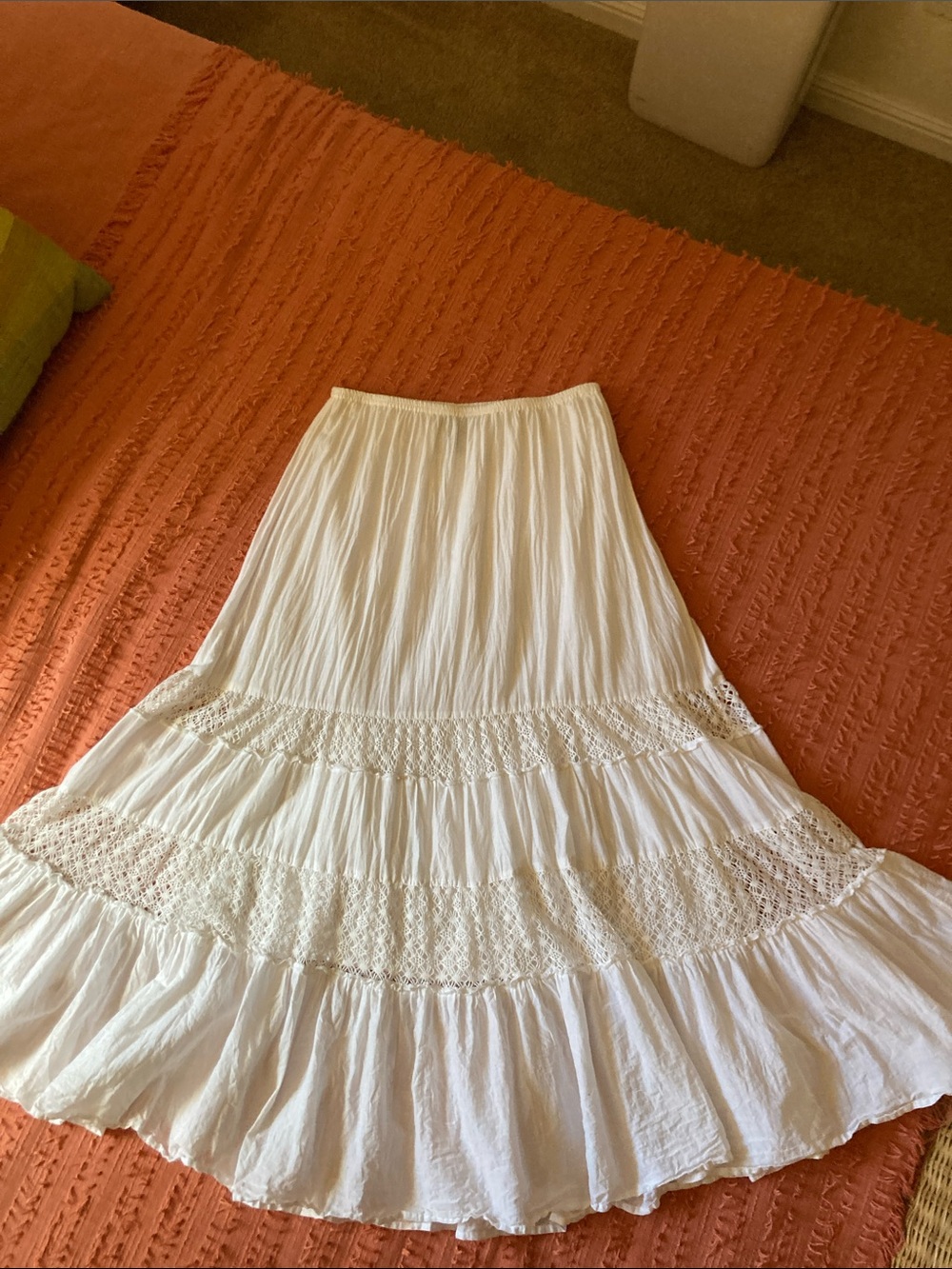Boho Beach Cotton White Tiered Cotton Maxi Broom Skirt with Lace Inserts